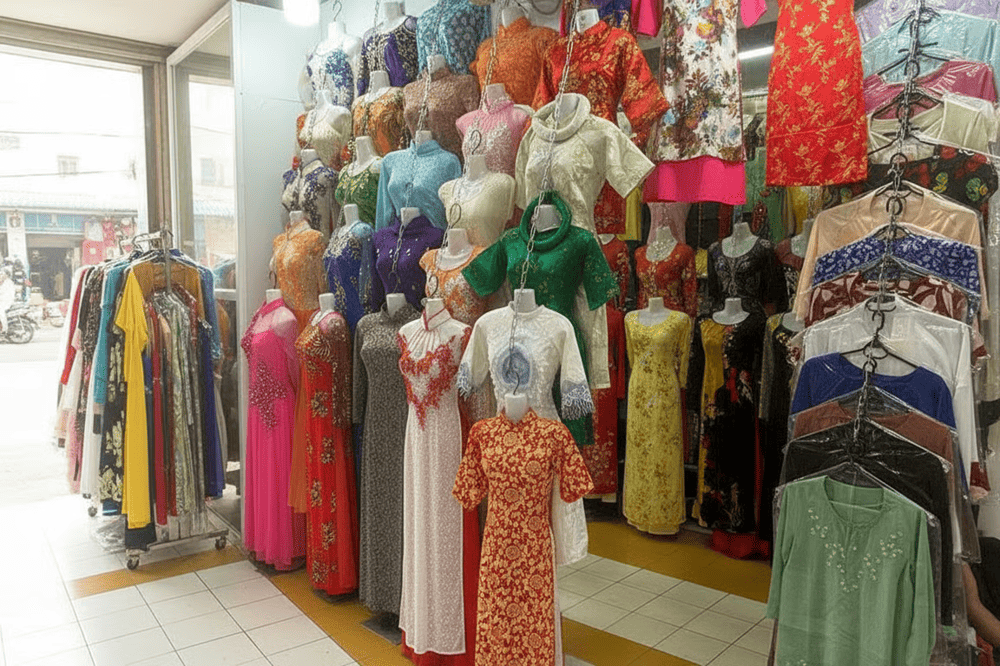 Colorful fabrics and ao dai neatly stacked